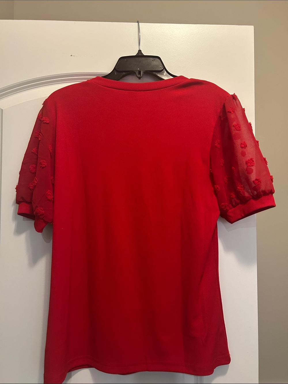 Women's Red Puff Sleeve Short Sleeve Top - Elegant Knit Tee - Picture 5 of 5